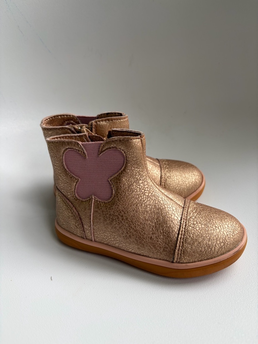 Livie & Luca Metallic Rose Gold Kids Boot with Pink Butterfly Accent Sz 7